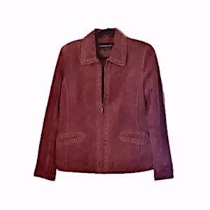😊Burgundy Suede Monterey Bay Jacket Wms Sz 12 Antique Brass Studs Zips Pocket